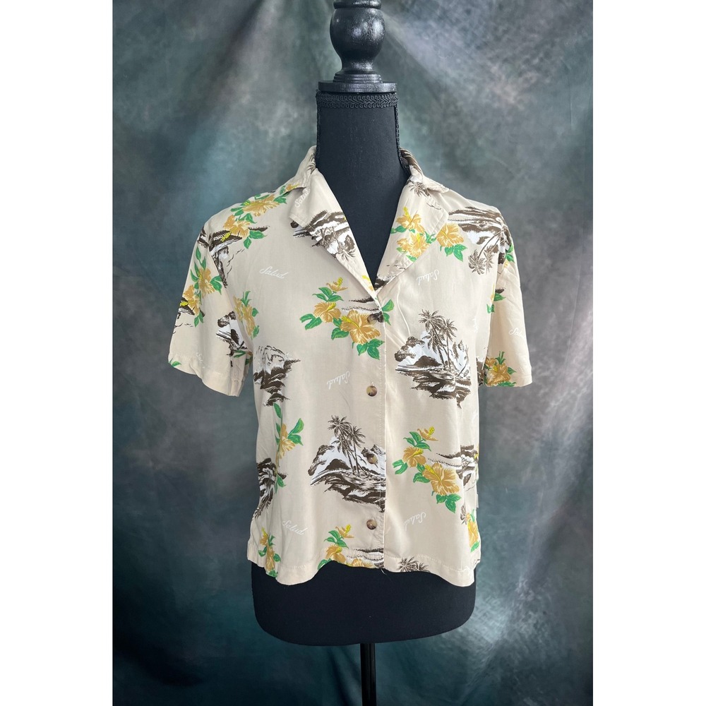Brixton Tropical Hawaiian Cropped Shirt Womens XS Beige Palm‎ Tree Floral Resort